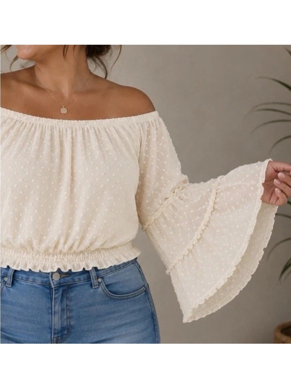 NEW Alredine Cream Swiss Dot Off Shoulder 3 Tier Bell Sleeve Blouse 2XL